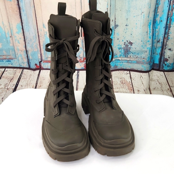 Zara Women's Rubberized Lace-Up Boots Khaki Green - Picture 3 of 10